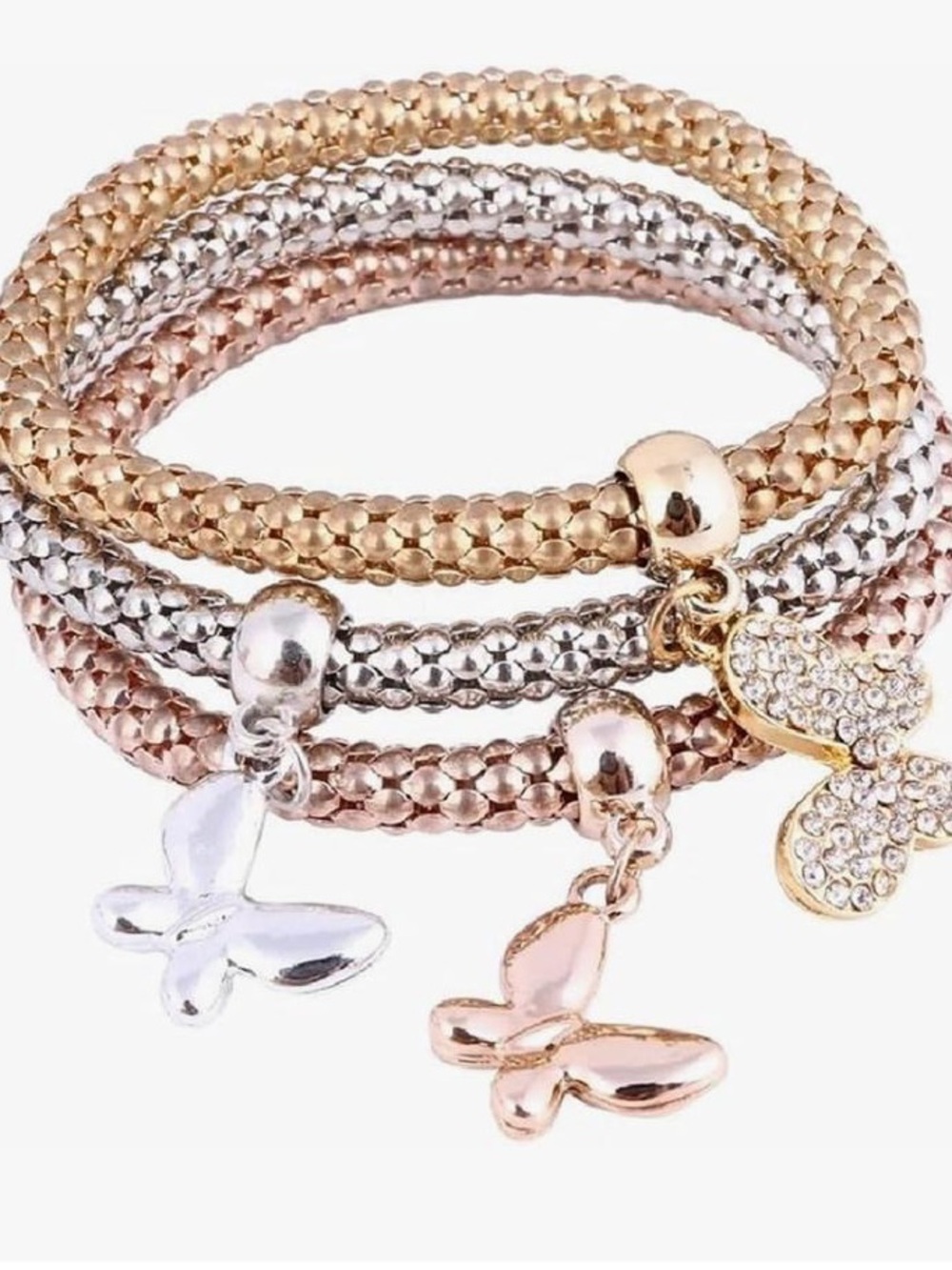 Tri-Tone Butterfly Charm Stretch Bracelet Set - Gold, Silver, Rose Gold